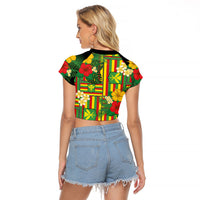 Hawaii Kanaka Maoli Hibiscus Raglan Cropped T Shirt Hawaiian Flag Motif LT9 - Polynesian Pride