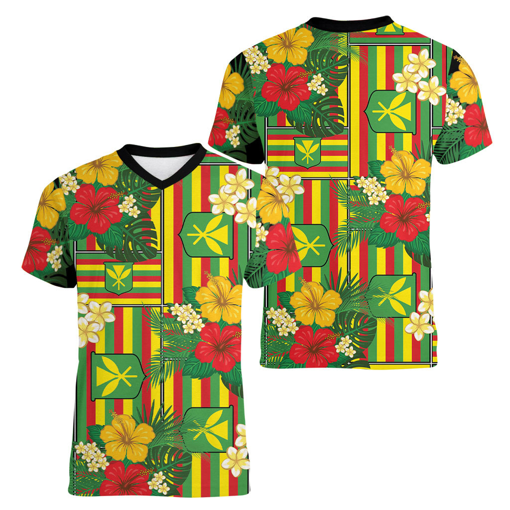 Hawaii Kanaka Maoli Hibiscus Women V-Neck T-Shirt Hawaiian Flag Motif LT9 - Polynesian Pride