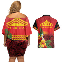 Hawaii Ku Kia'i Mauna Personalized Couples Matching Off Shoulder Short Dress and Hawaiian Shirt Hibiscus Kakau Pattern
