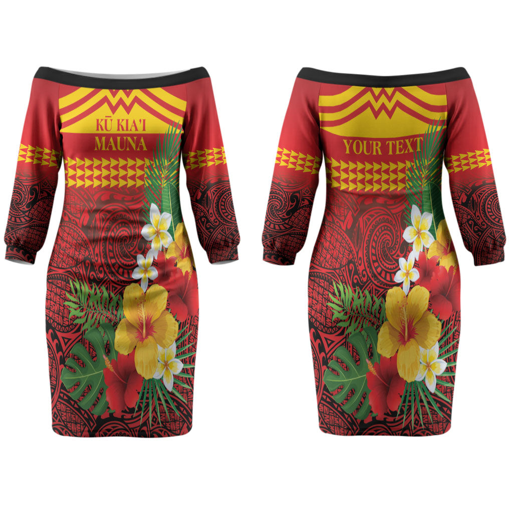 Hawaii Ku Kia'i Mauna Personalized Couples Matching Off The Shoulder Long Sleeve Dress and Long Sleeve Button Shirt Hibiscus Kakau Pattern LT9 - Polynesian Pride