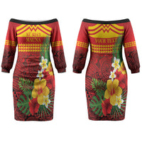 Hawaii Ku Kia'i Mauna Personalized Couples Matching Off The Shoulder Long Sleeve Dress and Long Sleeve Button Shirt Hibiscus Kakau Pattern LT9 - Polynesian Pride