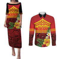 Hawaii Ku Kia'i Mauna Personalized Couples Matching Puletasi and Long Sleeve Button Shirt Hibiscus Kakau Pattern