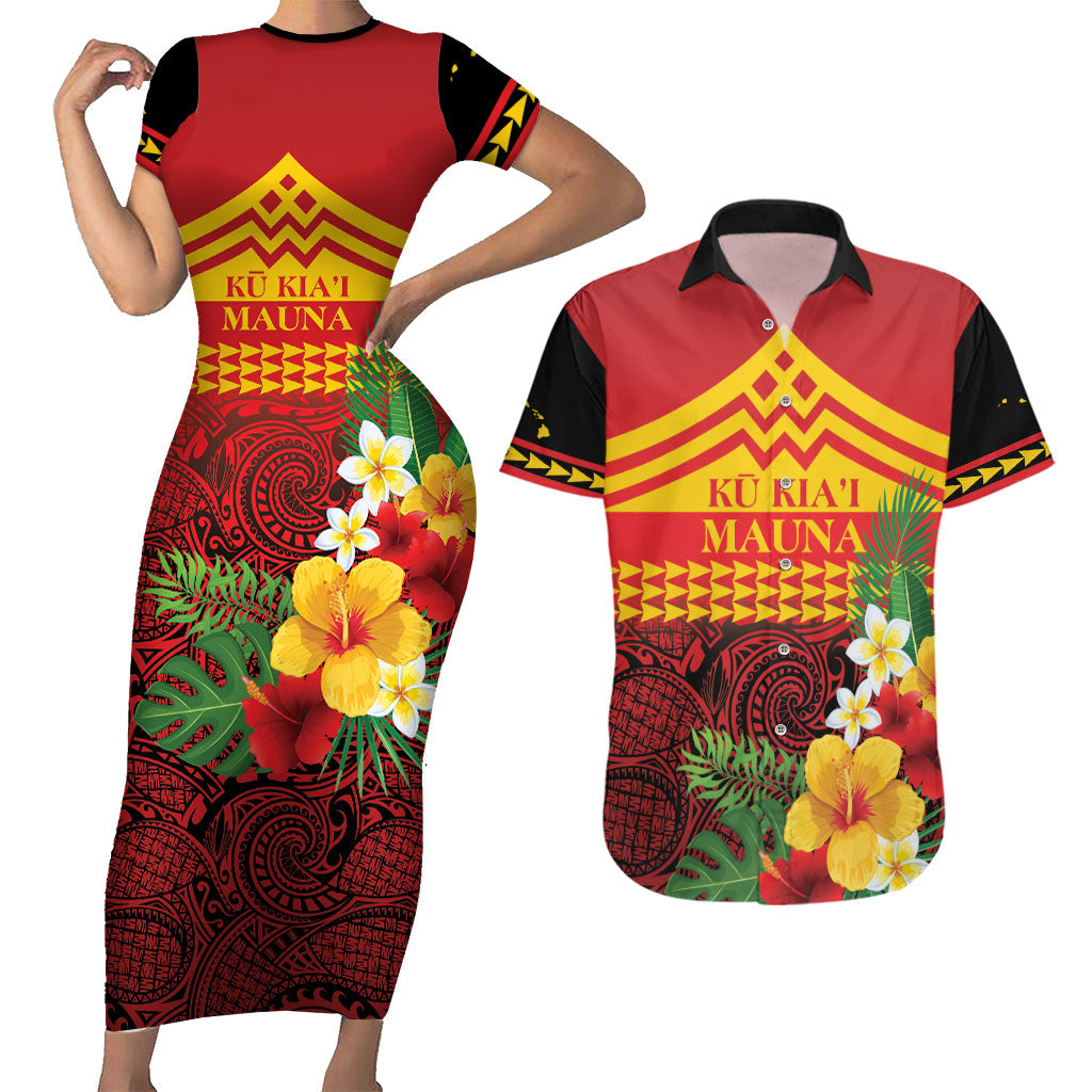 Hawaii Ku Kia'i Mauna Personalized Couples Matching Short Sleeve Bodycon Dress and Hawaiian Shirt Hibiscus Kakau Pattern
