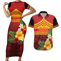 Hawaii Ku Kia'i Mauna Personalized Couples Matching Short Sleeve Bodycon Dress and Hawaiian Shirt Hibiscus Kakau Pattern LT9 Red - Polynesian Pride