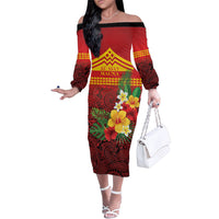 Hawaii Ku Kia'i Mauna Personalized Family Matching Off The Shoulder Long Sleeve Dress and Hawaiian Shirt Hibiscus Kakau Pattern LT9 Mom's Dress Red - Polynesian Pride
