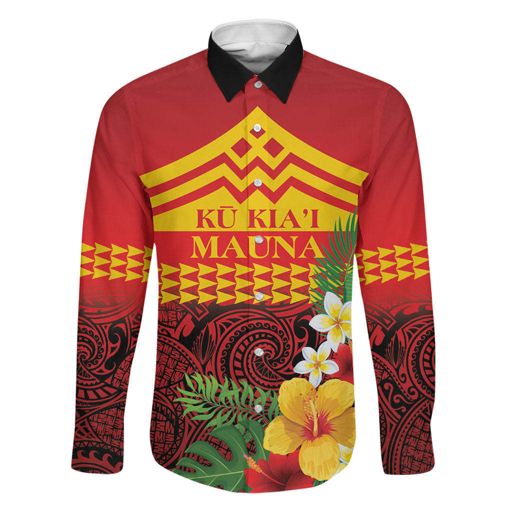 Hawaii Ku Kia'i Mauna Personalized Family Matching Off Shoulder Maxi Dress and Hawaiian Shirt Hibiscus Kakau Pattern LT9 Dad's Shirt - Long Sleeve Red - Polynesian Pride