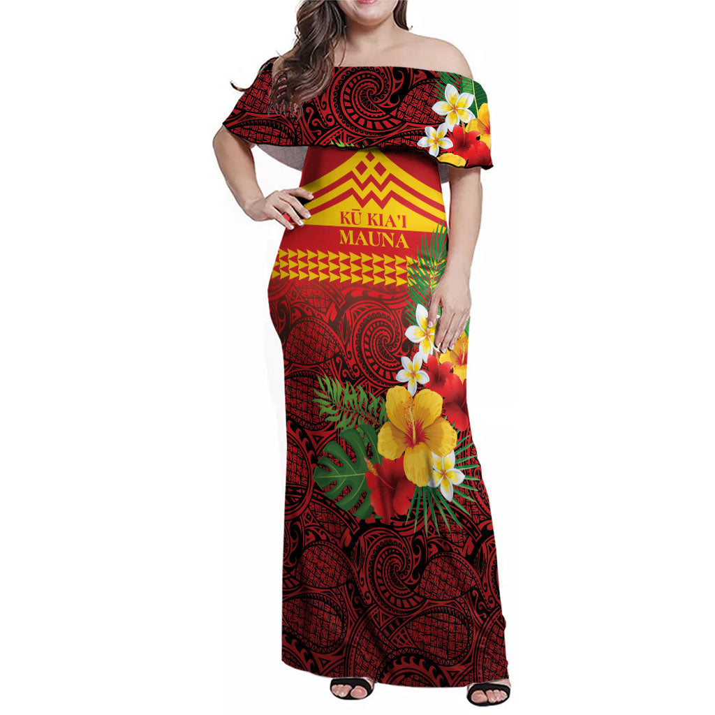 Hawaii Ku Kia'i Mauna Personalized Family Matching Off Shoulder Maxi Dress and Hawaiian Shirt Hibiscus Kakau Pattern LT9 Mom's Dress Red - Polynesian Pride