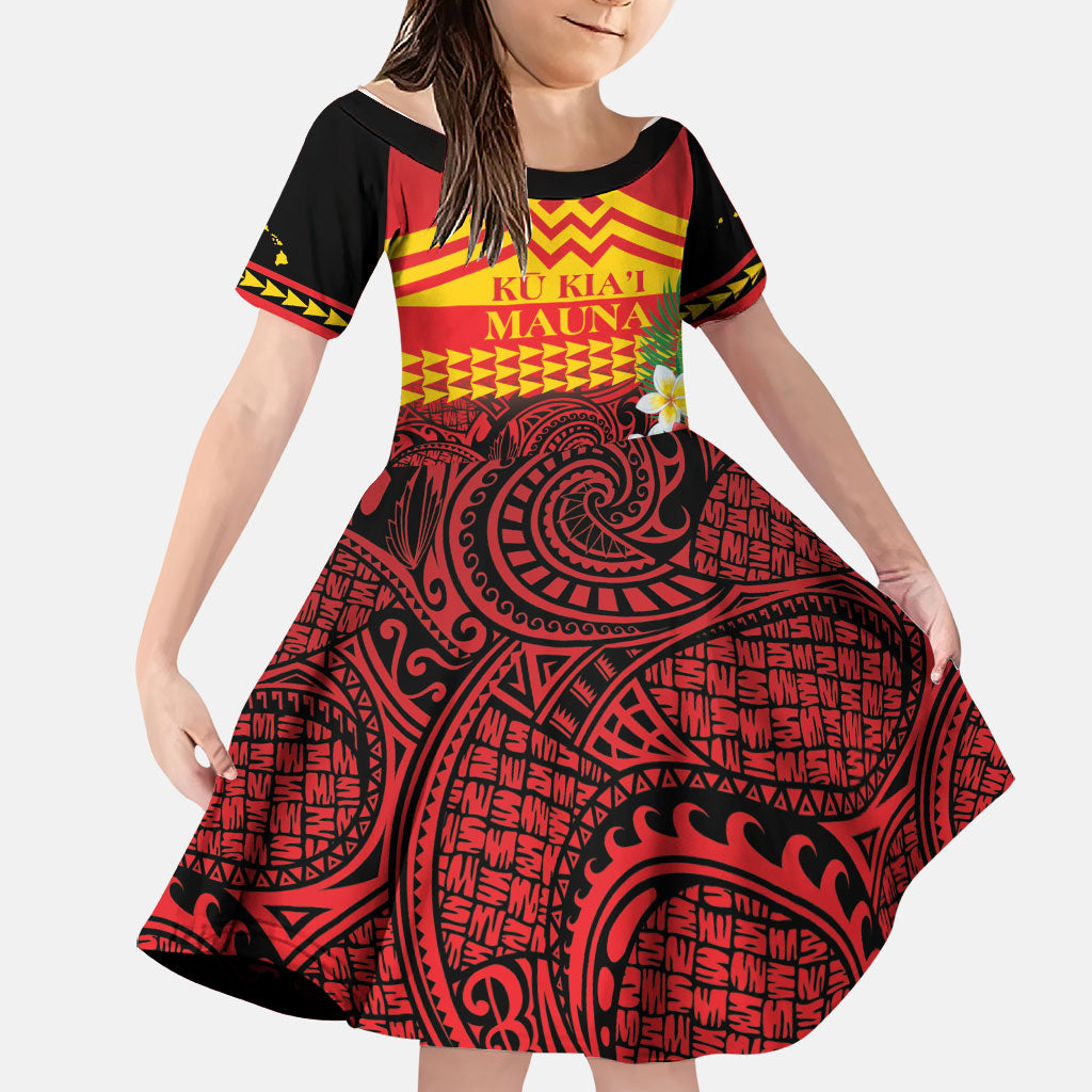 Hawaii Ku Kia'i Mauna Personalized Family Matching Summer Maxi Dress and Hawaiian Shirt Hibiscus Kakau Pattern LT9 Daughter's Dress Red - Polynesian Pride