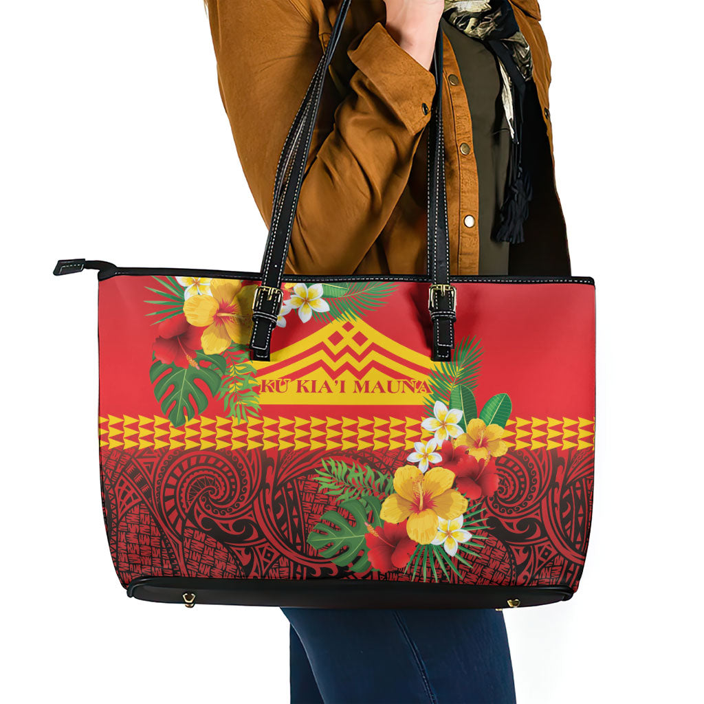 Hawaii Ku Kia'i Mauna Leather Tote Bag Hibiscus Kakau Pattern