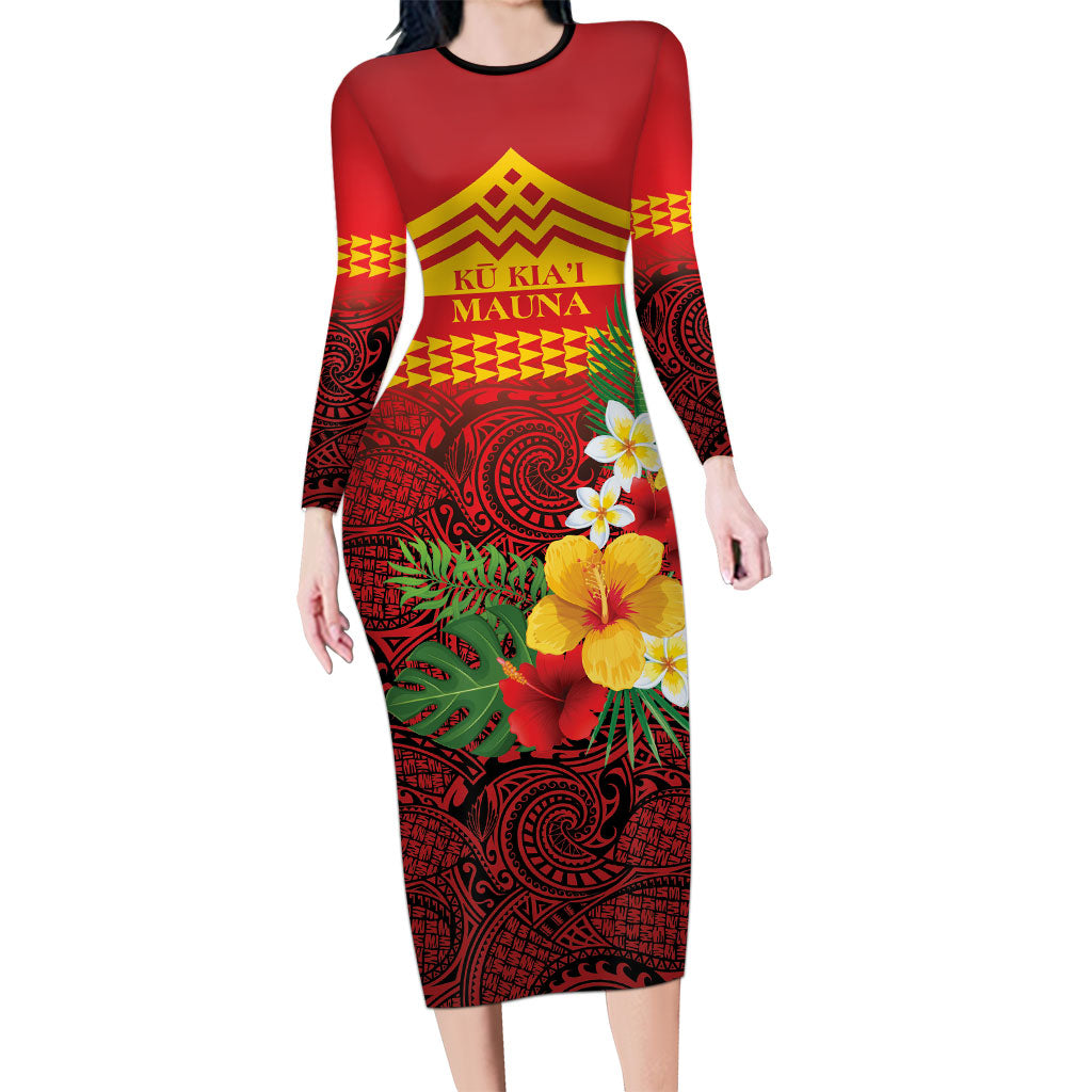 Hawaii Ku Kia'i Mauna Personalized Long Sleeve Bodycon Dress Hibiscus Kakau Pattern