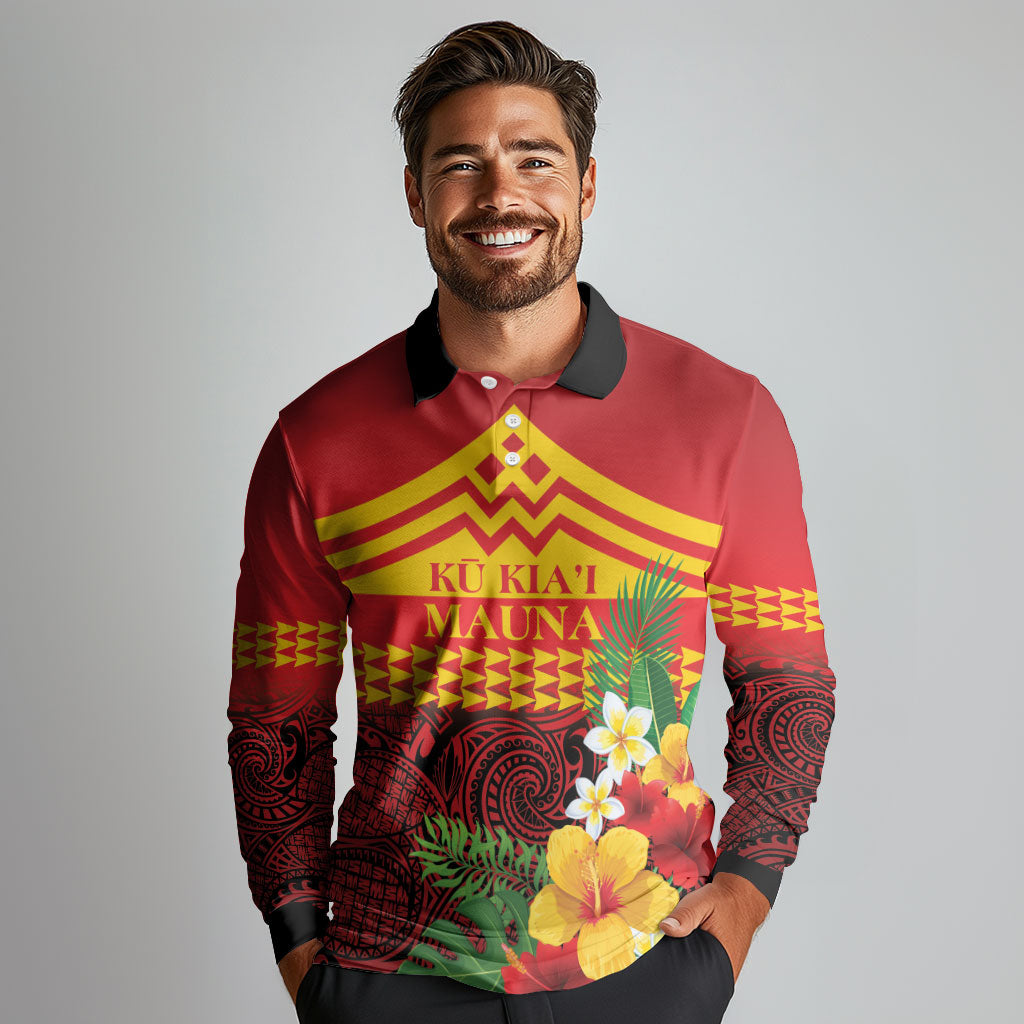 Hawaii Ku Kia'i Mauna Personalized Long Sleeve Polo Shirt Hibiscus Kakau Pattern