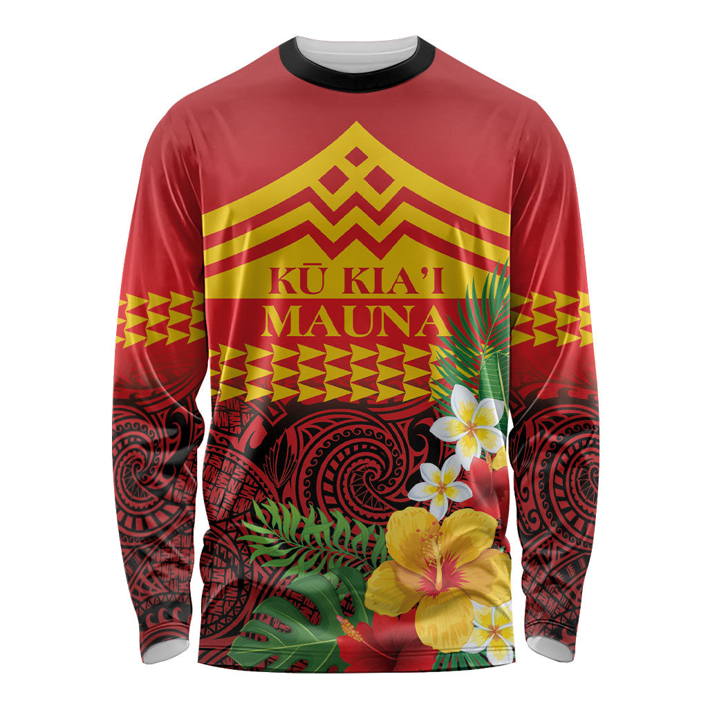 Hawaii Ku Kia'i Mauna Personalized Long Sleeve Shirt Hibiscus Kakau Pattern LT9 Unisex Red - Polynesian Pride