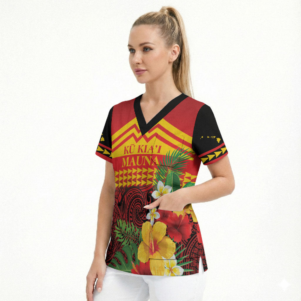 Hawaii Ku Kia'i Mauna Personalized Scrub Top Hibiscus Kakau Pattern