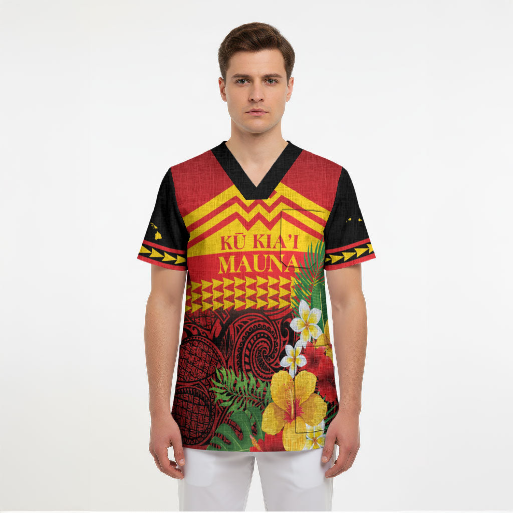 Hawaii Ku Kia'i Mauna Personalized Scrub Top Hibiscus Kakau Pattern