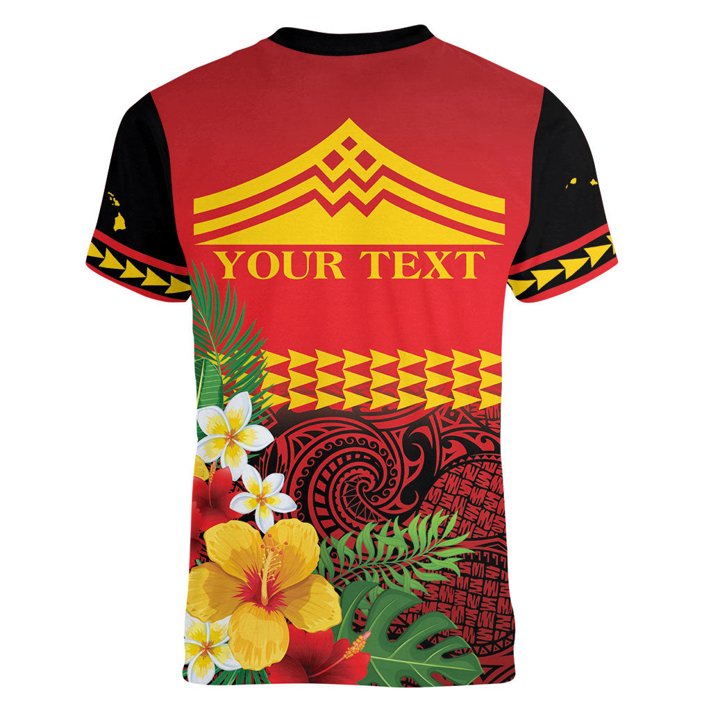 Hawaii Ku Kia'i Mauna Personalized Women V-Neck T-Shirt Hibiscus Kakau Pattern