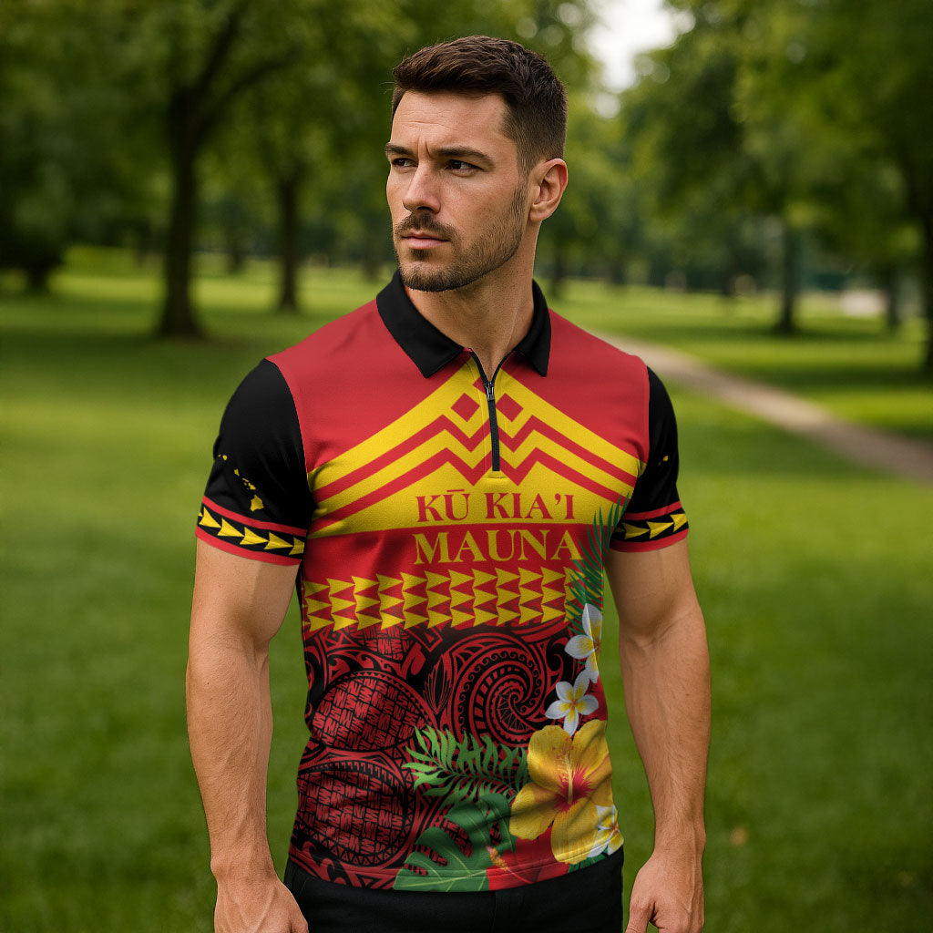 Hawaii Ku Kia'i Mauna Personalized Zipper Polo Shirt Hibiscus Kakau Pattern