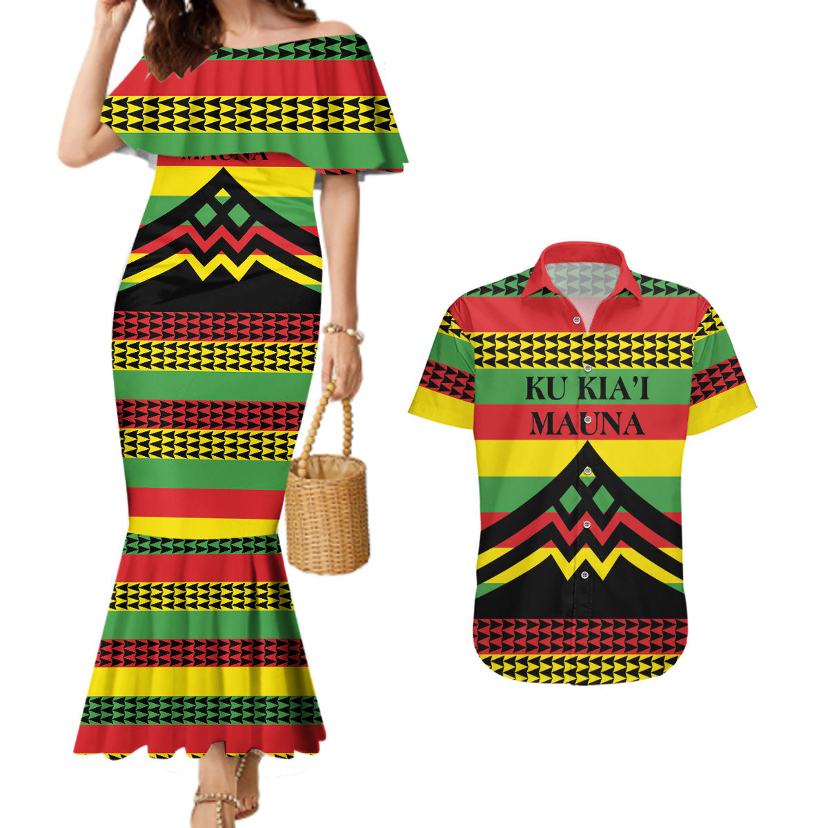 Hawaii Ku Kia'i Mauna Personalized Couples Matching Mermaid Dress and Hawaiian Shirt Hawaiian Kanaka Maoli Motif