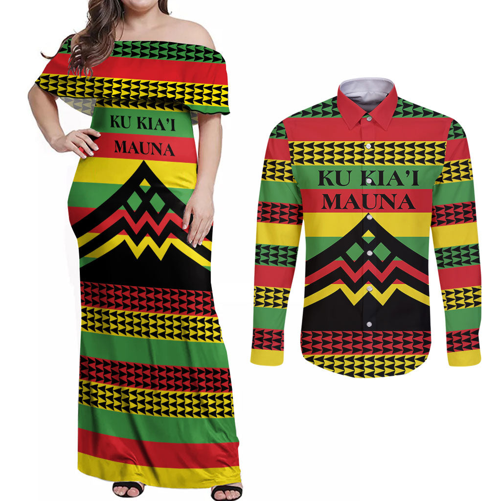 Hawaii Ku Kia'i Mauna Personalized Couples Matching Off Shoulder Maxi Dress and Long Sleeve Button Shirt Hawaiian Kanaka Maoli Motif LT9 Green - Polynesian Pride