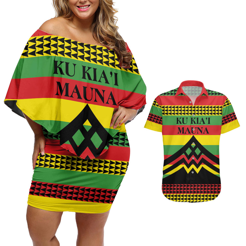 Hawaii Ku Kia'i Mauna Personalized Couples Matching Off Shoulder Short Dress and Hawaiian Shirt Hawaiian Kanaka Maoli Motif LT9 Green - Polynesian Pride