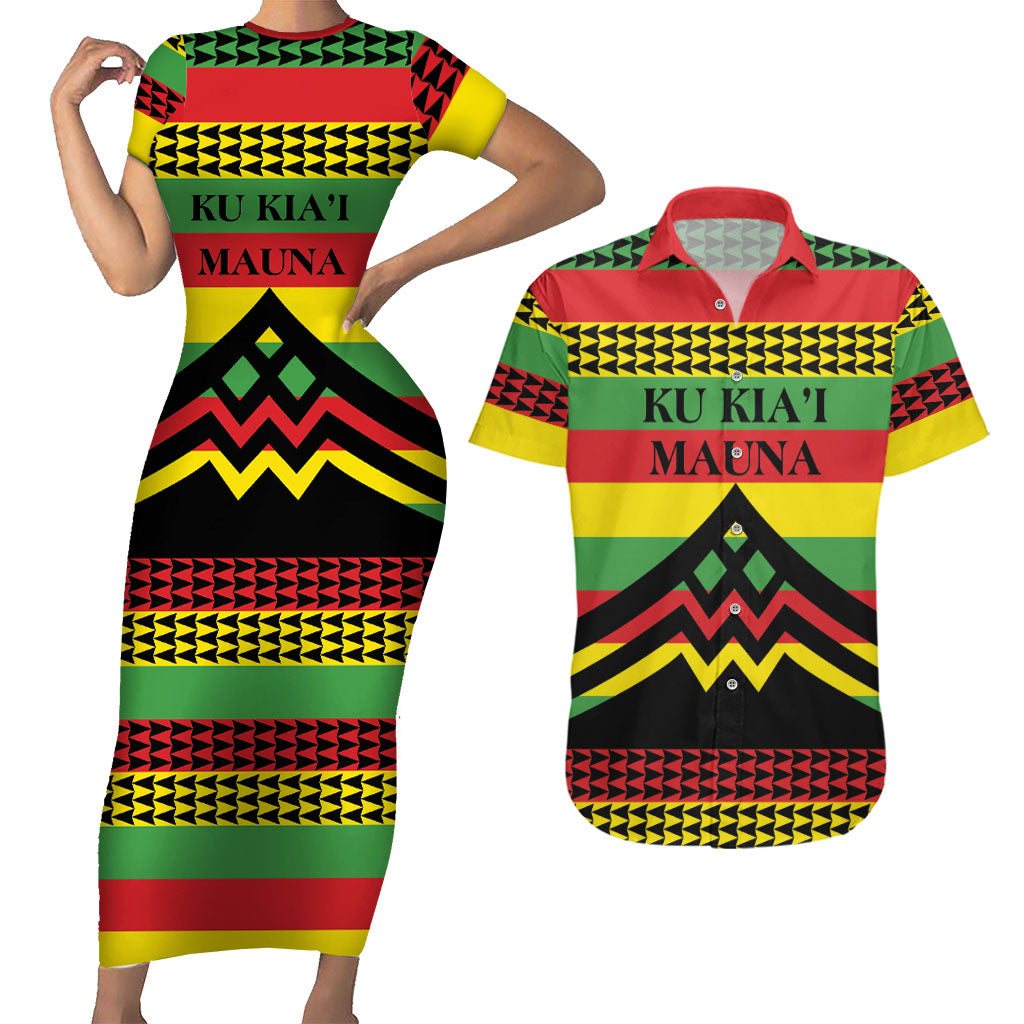 Hawaii Ku Kia'i Mauna Personalized Couples Matching Short Sleeve Bodycon Dress and Hawaiian Shirt Hawaiian Kanaka Maoli Motif
