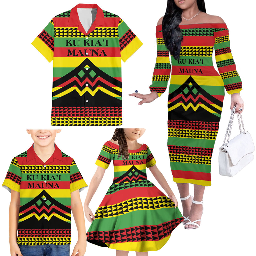 Hawaii Ku Kia'i Mauna Personalized Family Matching Off The Shoulder Long Sleeve Dress and Hawaiian Shirt Hawaiian Kanaka Maoli Motif