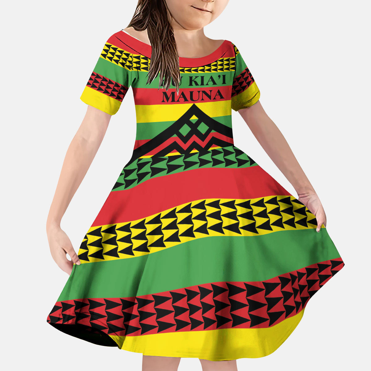 Hawaii Ku Kia'i Mauna Personalized Kid Short Sleeve Dress Hawaiian Kanaka Maoli Motif LT9 KID Green - Polynesian Pride