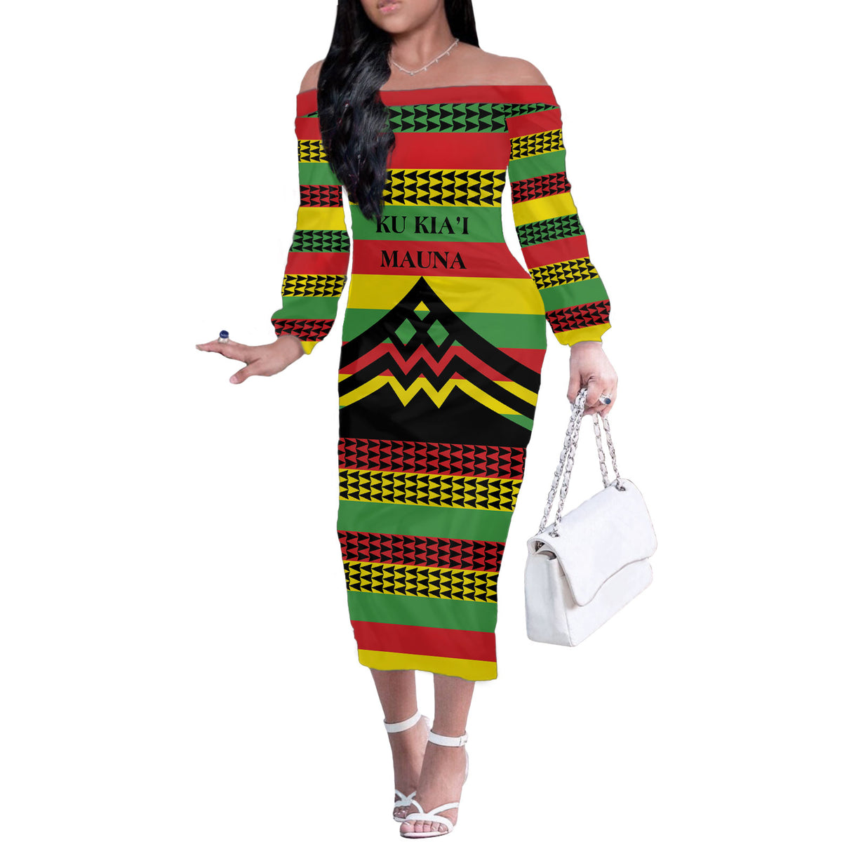 Hawaii Ku Kia'i Mauna Personalized Off The Shoulder Long Sleeve Dress Hawaiian Kanaka Maoli Motif LT9 Women Green - Polynesian Pride