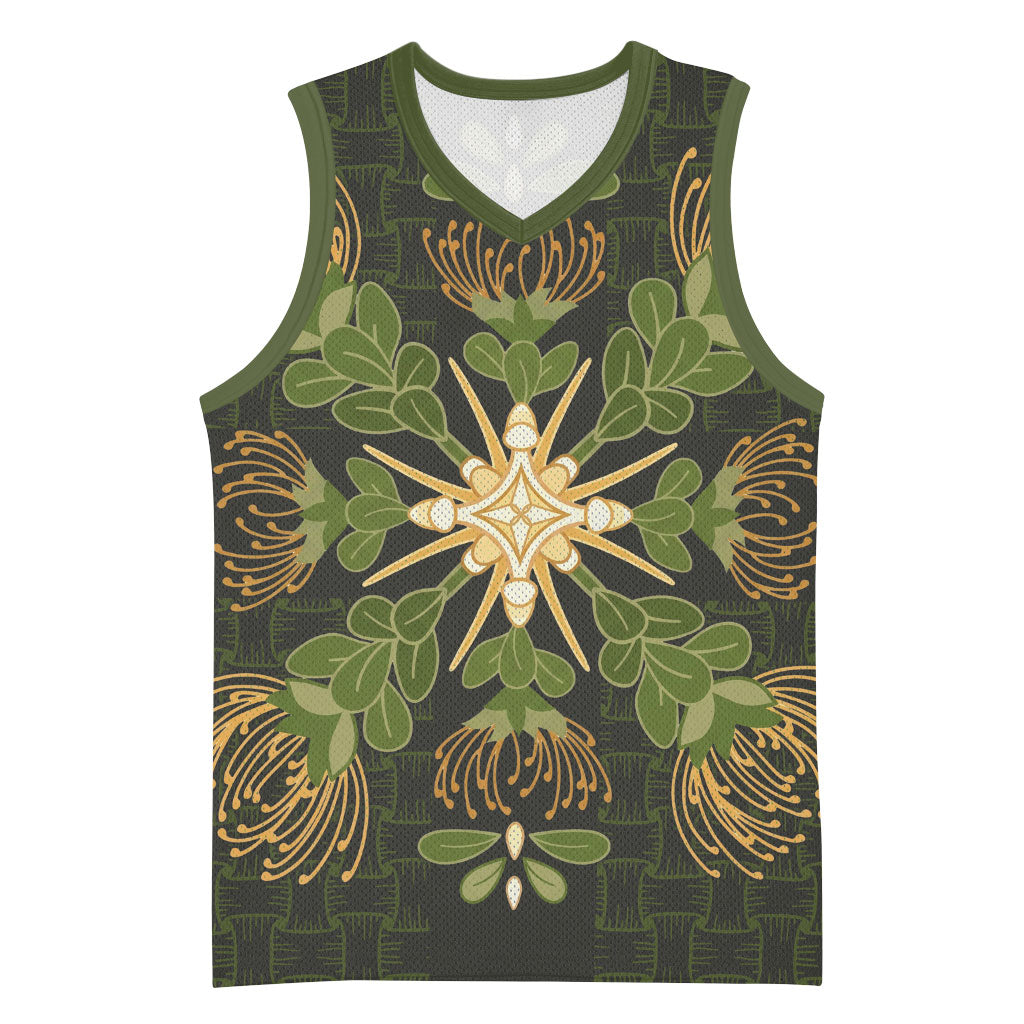 Hawaii Ohia Lehua Squares Basketball Jersey Hawaiian Quilt Inspired Floral Pattern