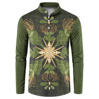 Hawaii Ohia Lehua Squares Button Sweatshirt Hawaiian Quilt Inspired Floral Pattern