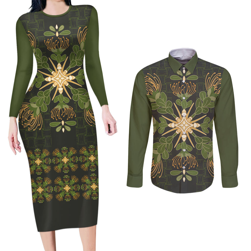Hawaii Ohia Lehua Squares Couples Matching Long Sleeve Bodycon Dress and Long Sleeve Button Shirt Hawaiian Quilt Inspired Floral Pattern LT9 Green - Polynesian Pride