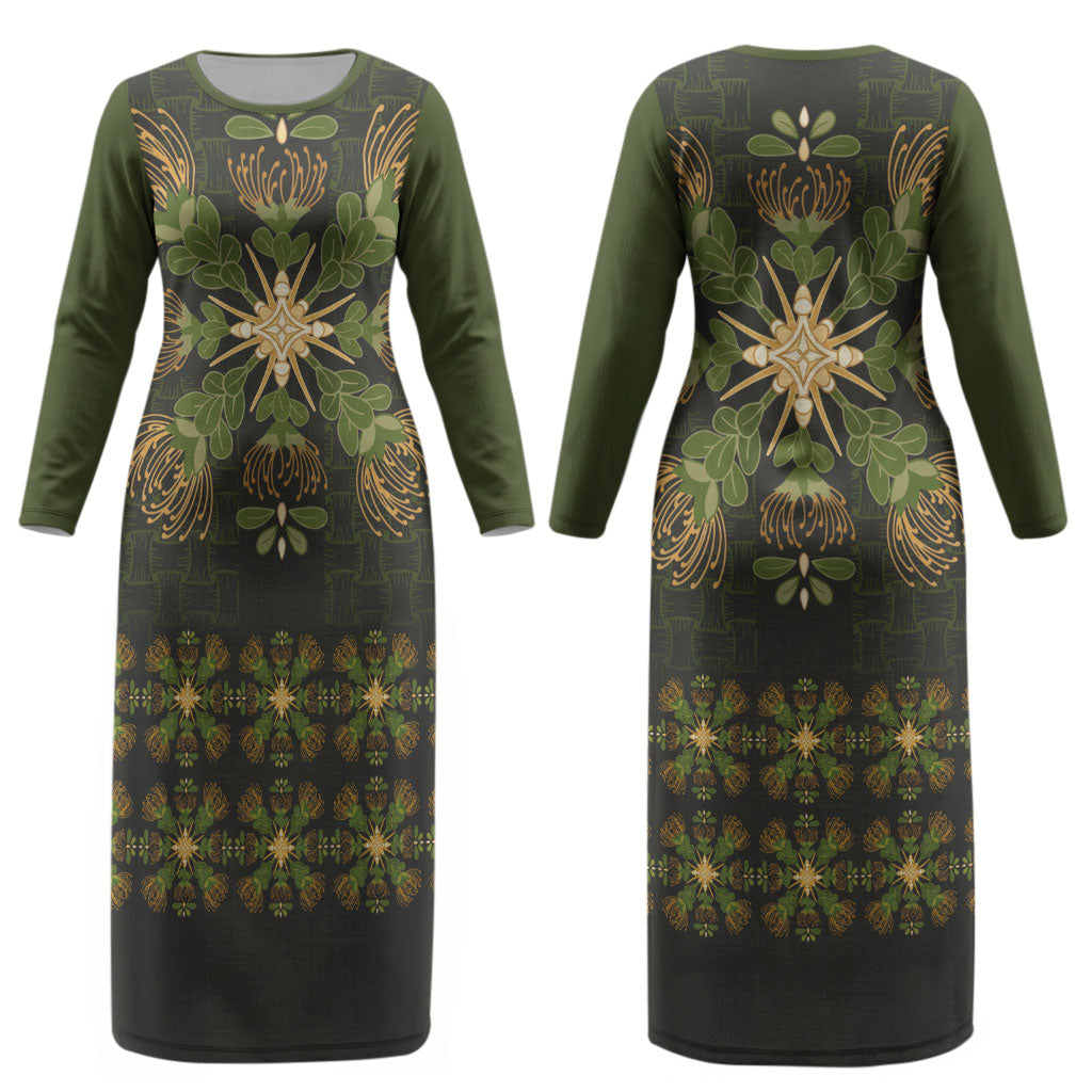 Hawaii Ohia Lehua Squares Couples Matching Long Sleeve Bodycon Dress and Long Sleeve Button Shirt Hawaiian Quilt Inspired Floral Pattern LT9 - Polynesian Pride