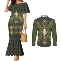 Hawaii Ohia Lehua Squares Couples Matching Mermaid Dress and Long Sleeve Button Shirt Hawaiian Quilt Inspired Floral Pattern LT9 Green - Polynesian Pride