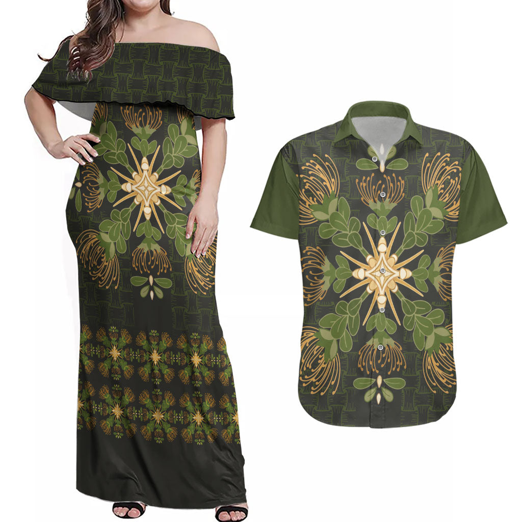 Hawaii Ohia Lehua Squares Couples Matching Off Shoulder Maxi Dress and Hawaiian Shirt Hawaiian Quilt Inspired Floral Pattern LT9 Green - Polynesian Pride