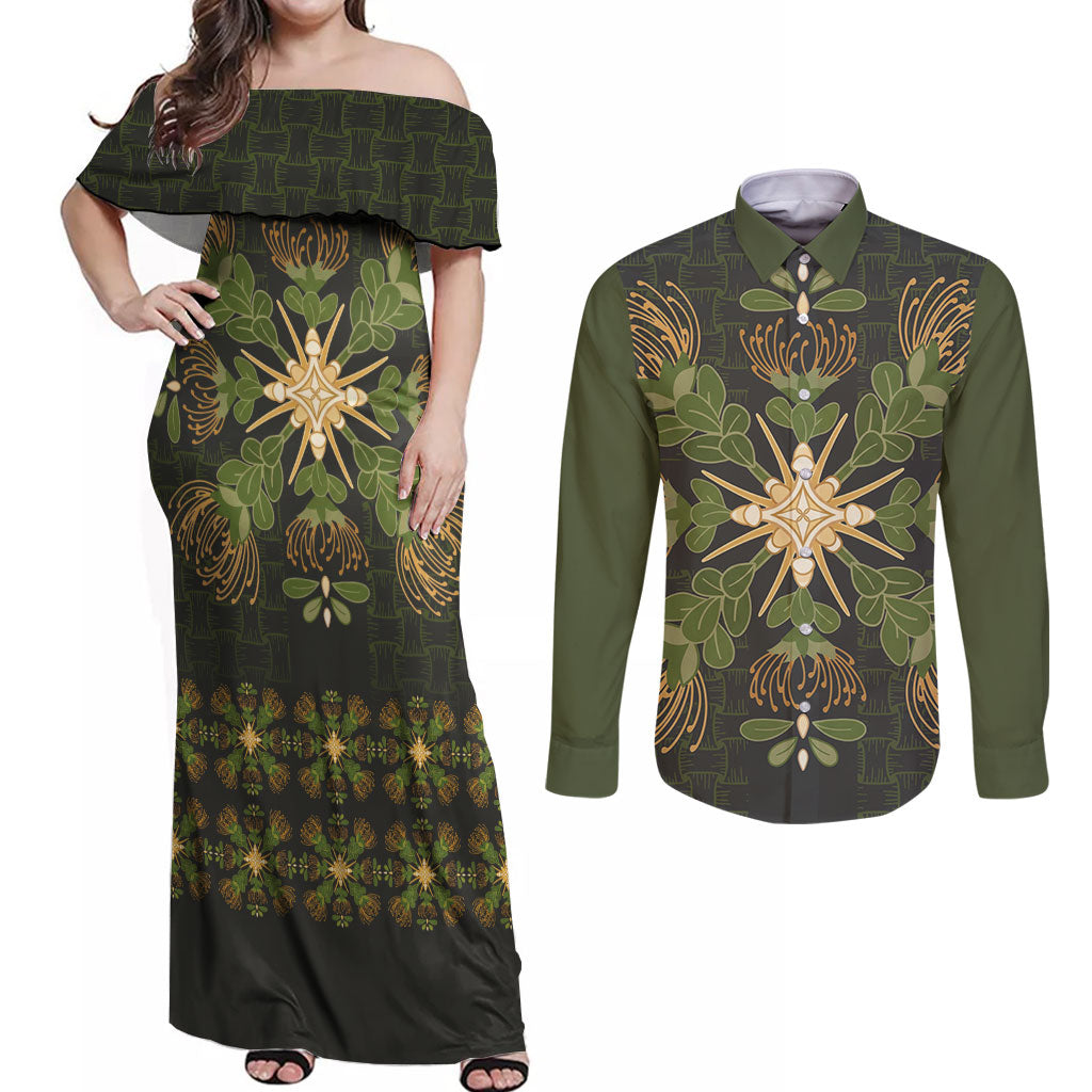 Hawaii Ohia Lehua Squares Couples Matching Off Shoulder Maxi Dress and Long Sleeve Button Shirt Hawaiian Quilt Inspired Floral Pattern LT9 Green - Polynesian Pride