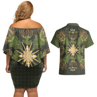 Hawaii Ohia Lehua Squares Couples Matching Off Shoulder Short Dress and Hawaiian Shirt Hawaiian Quilt Inspired Floral Pattern LT9 - Polynesian Pride