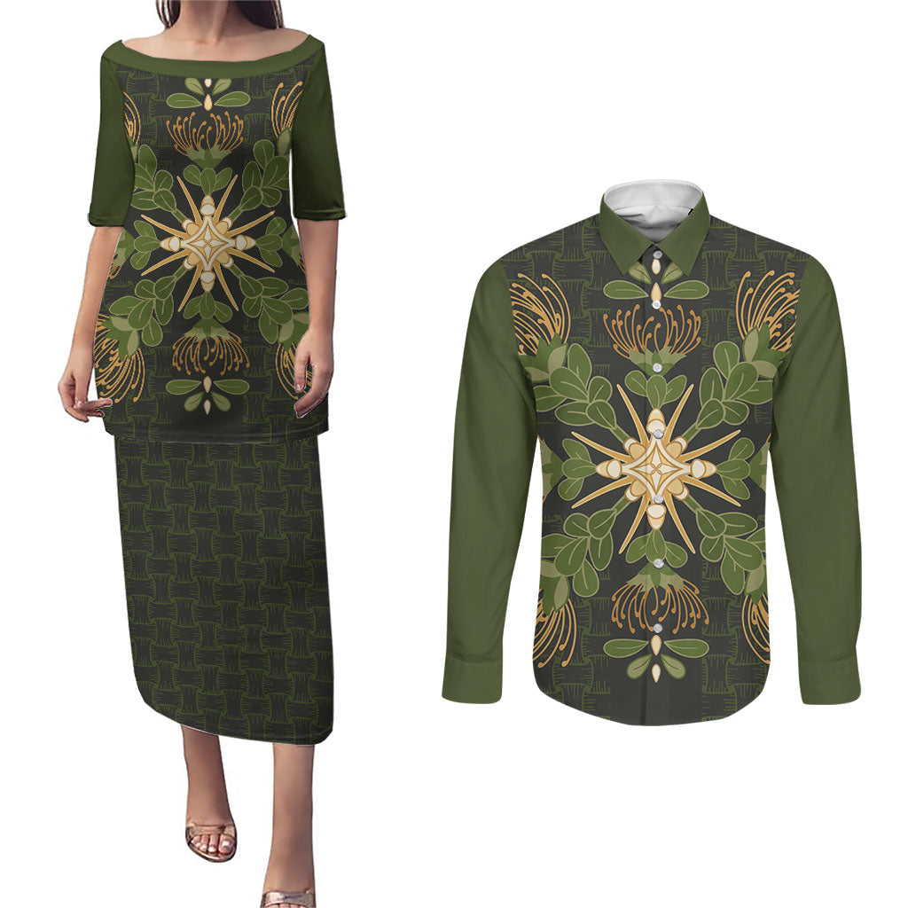 Hawaii Ohia Lehua Squares Couples Matching Puletasi and Long Sleeve Button Shirt Hawaiian Quilt Inspired Floral Pattern LT9 Green - Polynesian Pride