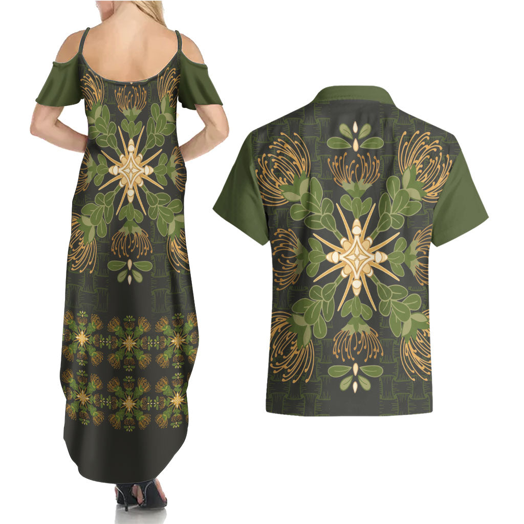 Hawaii Ohia Lehua Squares Couples Matching Summer Maxi Dress and Hawaiian Shirt Hawaiian Quilt Inspired Floral Pattern LT9 - Polynesian Pride