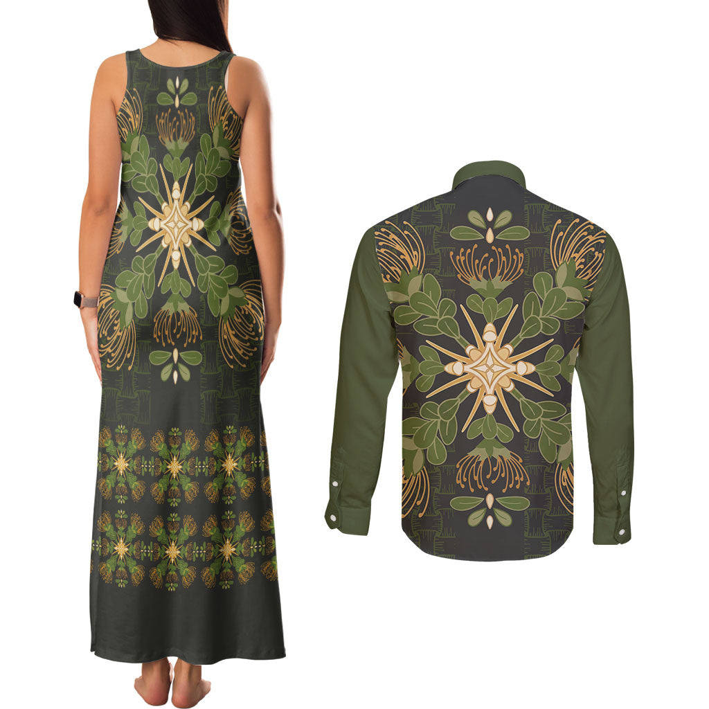 Hawaii Ohia Lehua Squares Couples Matching Tank Maxi Dress and Long Sleeve Button Shirt Hawaiian Quilt Inspired Floral Pattern LT9 - Polynesian Pride
