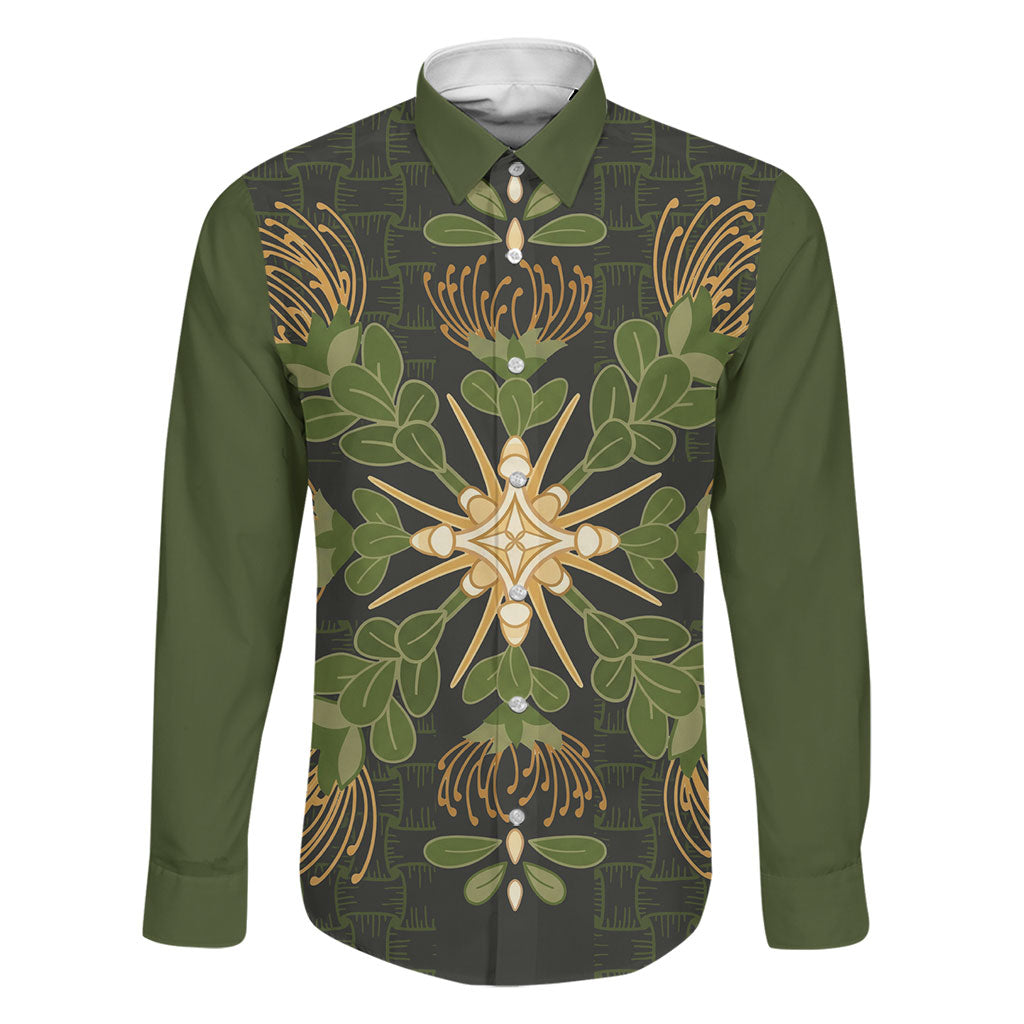 Hawaii Ohia Lehua Squares Family Matching Long Sleeve Bodycon Dress and Hawaiian Shirt Hawaiian Quilt Inspired Floral Pattern LT9 Dad's Shirt - Long Sleeve Green - Polynesian Pride