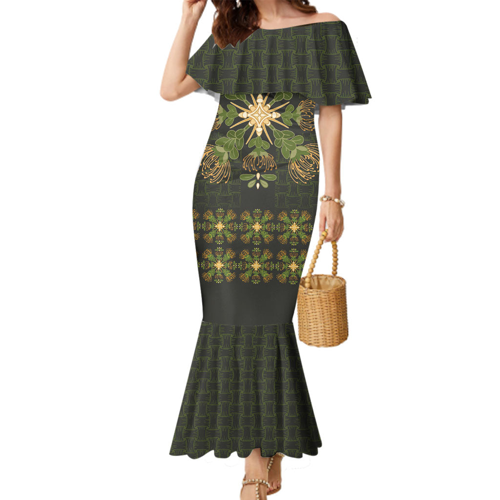 Hawaii Ohia Lehua Squares Family Matching Mermaid Dress and Hawaiian Shirt Hawaiian Quilt Inspired Floral Pattern LT9 Mom's Dress Green - Polynesian Pride