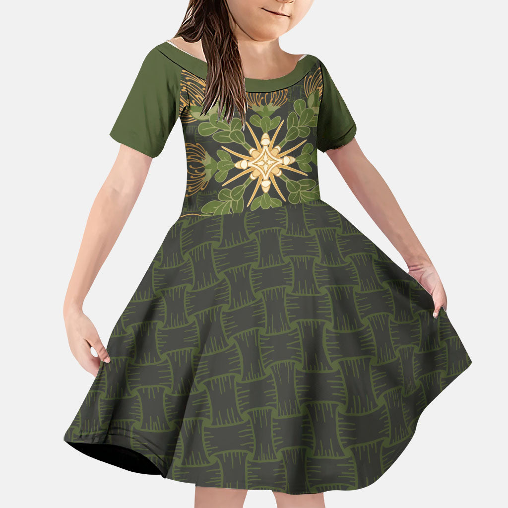 Hawaii Ohia Lehua Squares Family Matching Off The Shoulder Long Sleeve Dress and Hawaiian Shirt Hawaiian Quilt Inspired Floral Pattern LT9 Daughter's Dress Green - Polynesian Pride