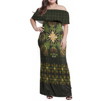 Hawaii Ohia Lehua Squares Family Matching Off Shoulder Maxi Dress and Hawaiian Shirt Hawaiian Quilt Inspired Floral Pattern LT9 Mom's Dress Green - Polynesian Pride