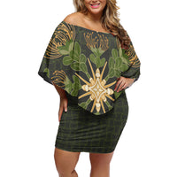 Hawaii Ohia Lehua Squares Family Matching Off Shoulder Short Dress and Hawaiian Shirt Hawaiian Quilt Inspired Floral Pattern LT9 Mom's Dress Green - Polynesian Pride