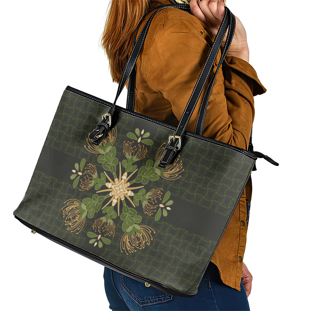 Hawaii Ohia Lehua Squares Leather Tote Bag Hawaiian Quilt Inspired Floral Pattern