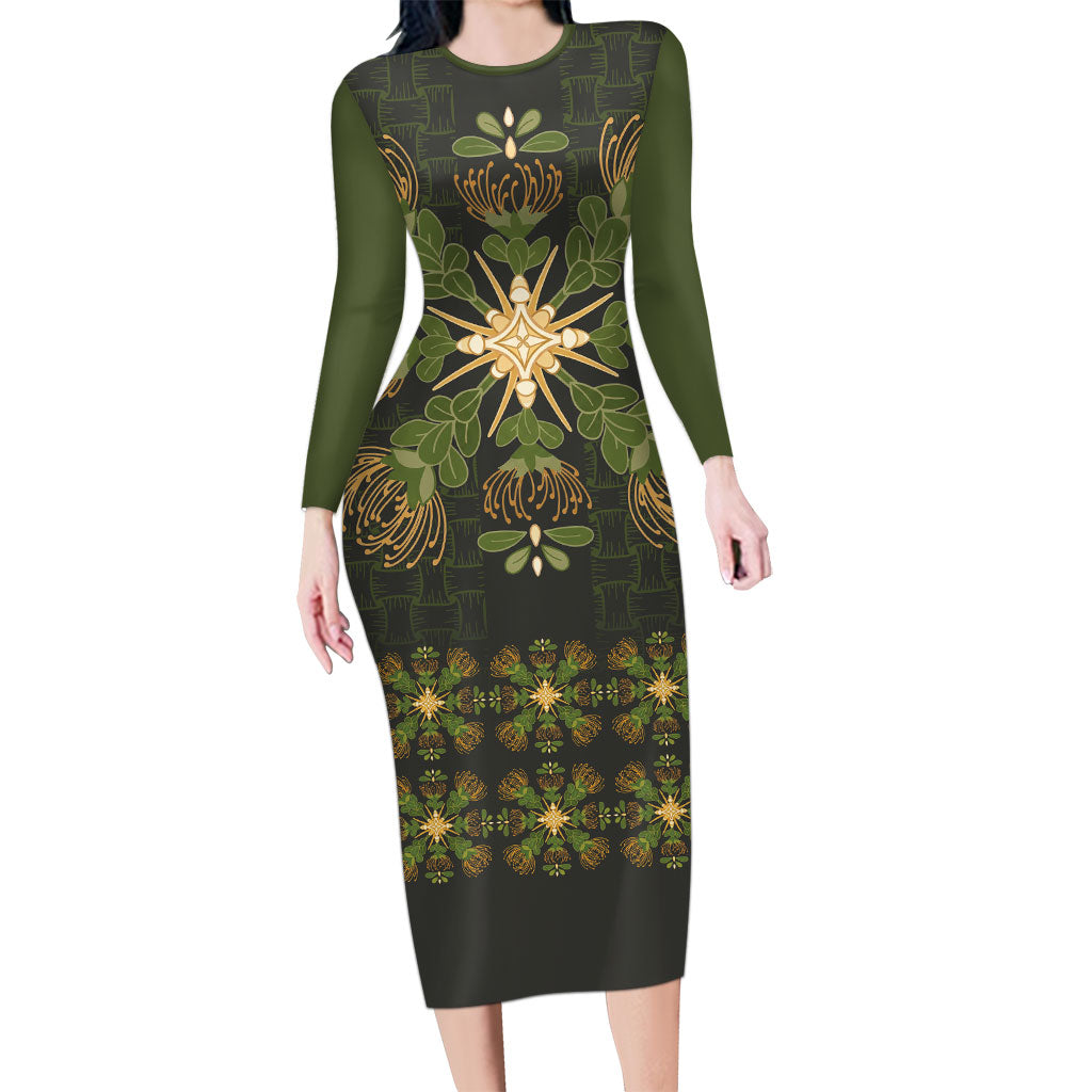 Hawaii Ohia Lehua Squares Long Sleeve Bodycon Dress Hawaiian Quilt Inspired Floral Pattern