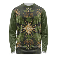 Hawaii Ohia Lehua Squares Long Sleeve Shirt Hawaiian Quilt Inspired Floral Pattern LT9 Unisex Green - Polynesian Pride