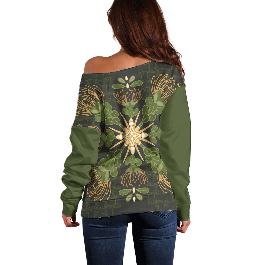 Hawaii Ohia Lehua Squares Off Shoulder Sweater Hawaiian Quilt Inspired Floral Pattern