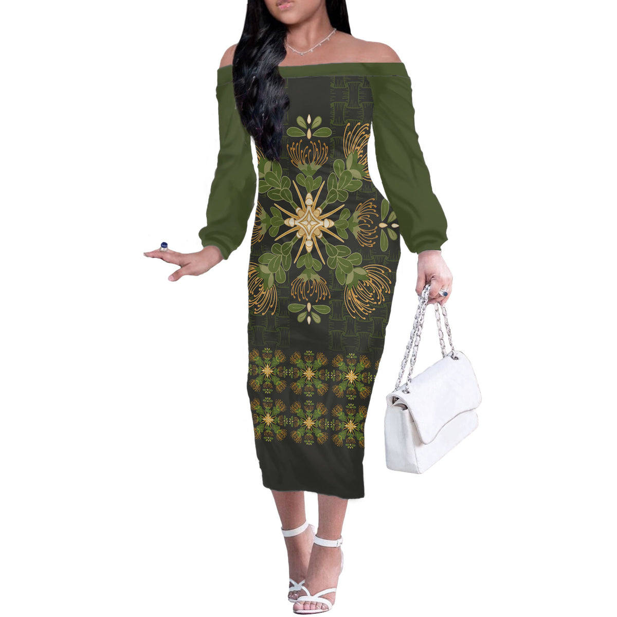 Hawaii Ohia Lehua Squares Off The Shoulder Long Sleeve Dress Hawaiian Quilt Inspired Floral Pattern LT9 Women Green - Polynesian Pride