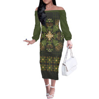 Hawaii Ohia Lehua Squares Off The Shoulder Long Sleeve Dress Hawaiian Quilt Inspired Floral Pattern LT9 Women Green - Polynesian Pride