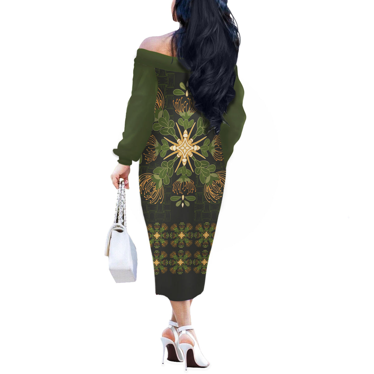 Hawaii Ohia Lehua Squares Off The Shoulder Long Sleeve Dress Hawaiian Quilt Inspired Floral Pattern LT9 - Polynesian Pride